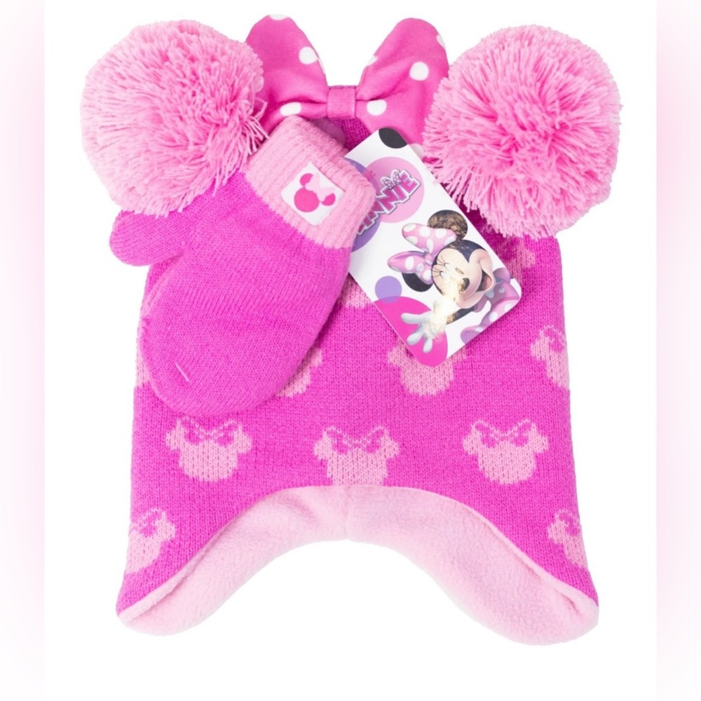 BRAND NEW MINNIE MOUSE TODDLER Knit Beanie Style Hat and Mittens Set,